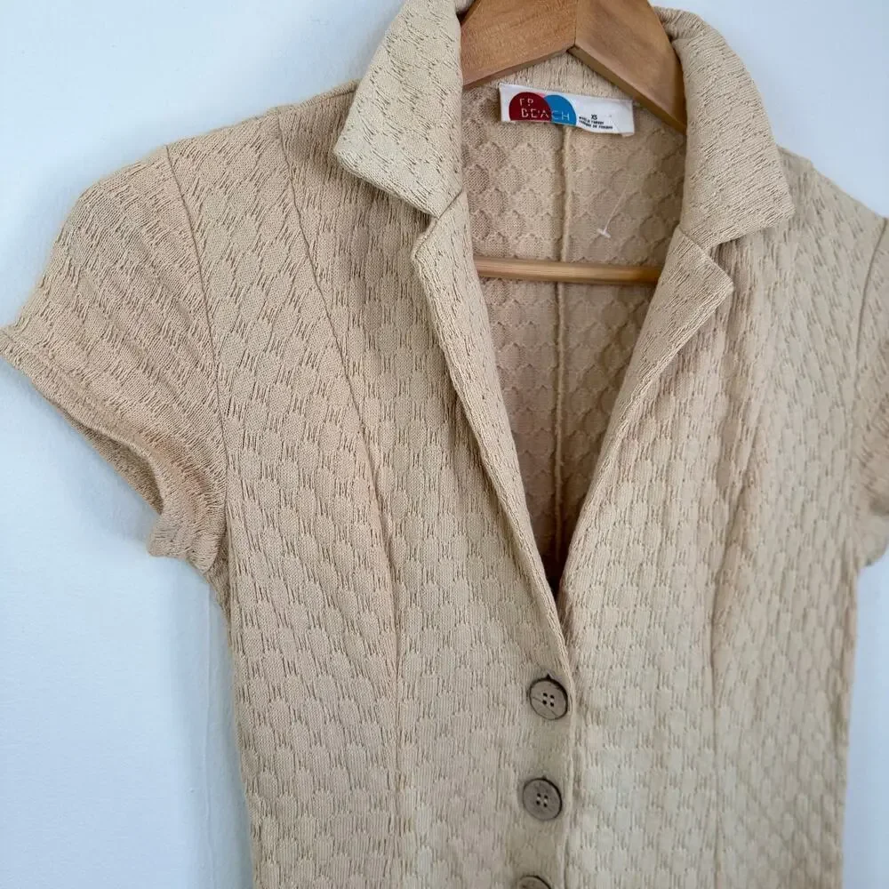 Free People Beach Crochet Knit Cotton Ramona Romper XS Button Tan Beige
